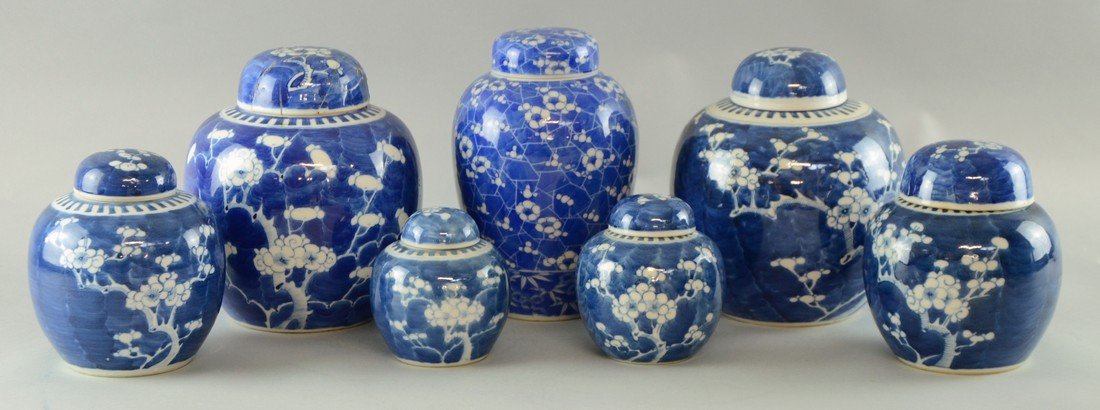 Pair of Chinese blue and white ginger jars, each 8": Pair of Chinese blue and white ginger jars, each 8" high, and five other ginger jars and a lid