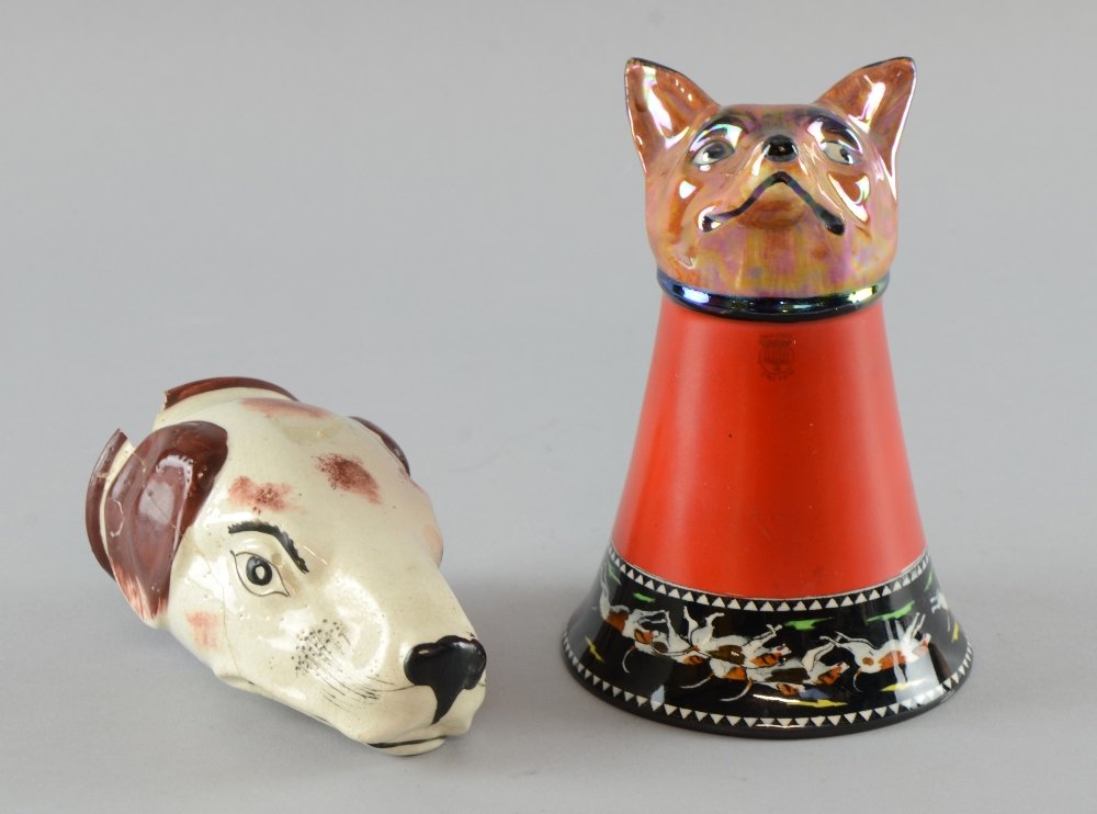 1920's hunting cup in the form of a fox head, lustred: 1920's hunting cup in the form of a fox head, lustred glaze, 6" high; and another of a hound, 5" high
