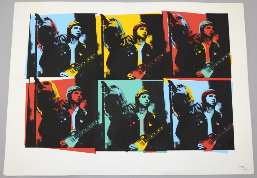 Oasis Familiar To Millions, limited edition screeprint: Oasis Familiar To Millions, limited edition screeprint showing Noel & Liam Gallagher, used on the front cover of the record, unsigned 13½ x 18½in. (33 x 46cm)