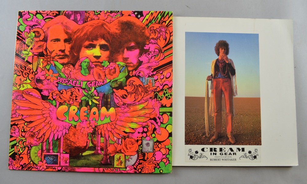 Cream Disraeli Gears UK vinyl LP album with Martin: Cream Disraeli Gears UK vinyl LP album with Martin Sharp artwork along with a Cream In Gear book showing photographs used on the LP by the photographer Robert Whitaker