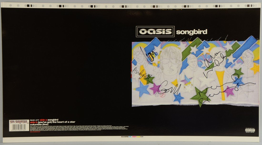 Oasis Songbird, single cover proof, signed by all five: Oasis Songbird, single cover proof, signed by all five members of the English Rockband including Liam Gallagher, Noel Gallagher & three others 14 x 25in. (36 x 64cm)