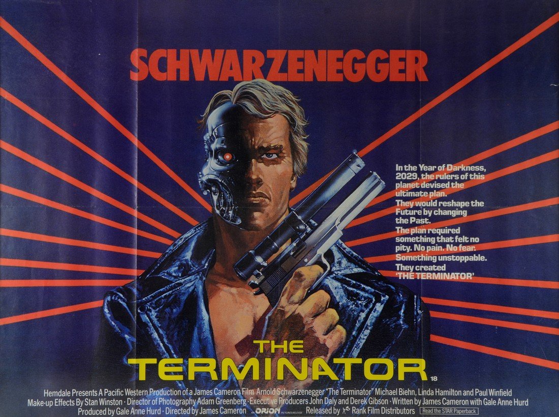 Terminator (1984) British Quad film poster, starring: Terminator (1984) British Quad film poster, starring Arnold Schwarzenegger, art by Mike Francis, Rank, folded 30 x 40in. (76 x 102cm) One small tear on rhs (3cm) otherwise VG/Ex condition.