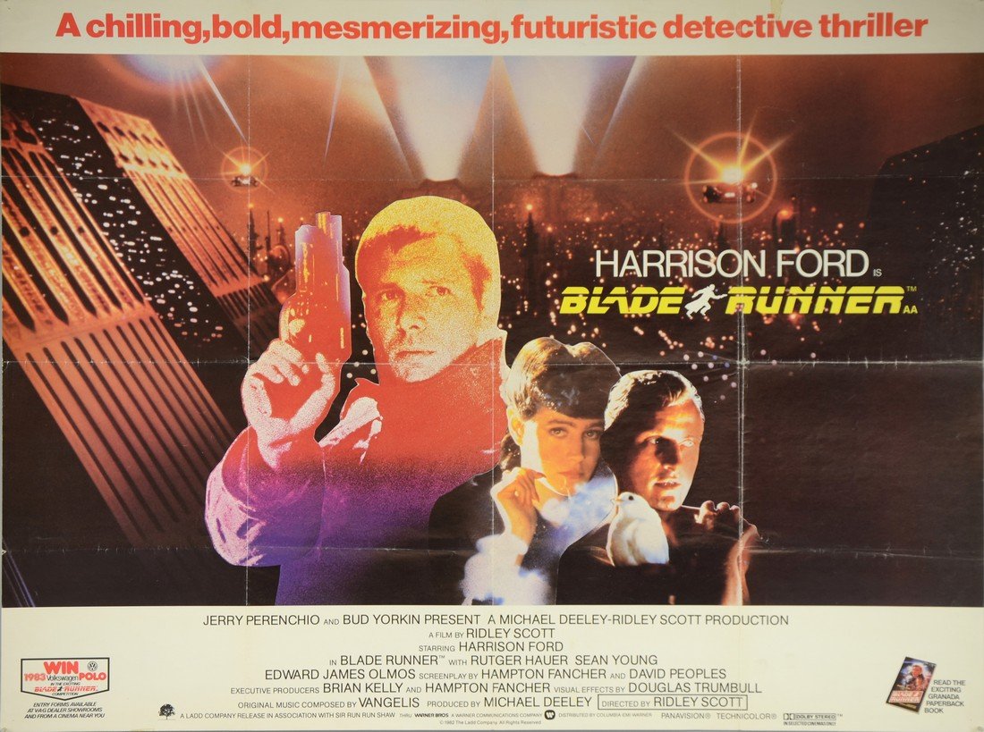 Blade Runner (1982) British Quad film poster, artwork: Blade Runner (1982) British Quad film poster, artwork by John Alvin, Sci Fi starring Harrison Ford & Rutger Hauer, Warner Bros., folded 30 x 40in. (76 x 102cm)