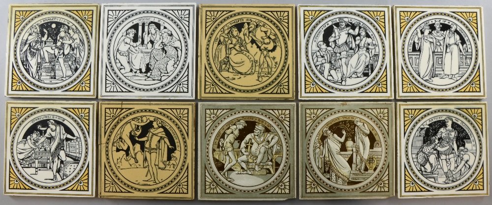 Minton tiles, scenes from Shakespeare designed by John: Minton tiles, scenes from Shakespeare designed by John Moyr Smith A set of five black print on white with buff and five others with different colourways, 15.5 x 15.5 cm One buff tile cracked and repai