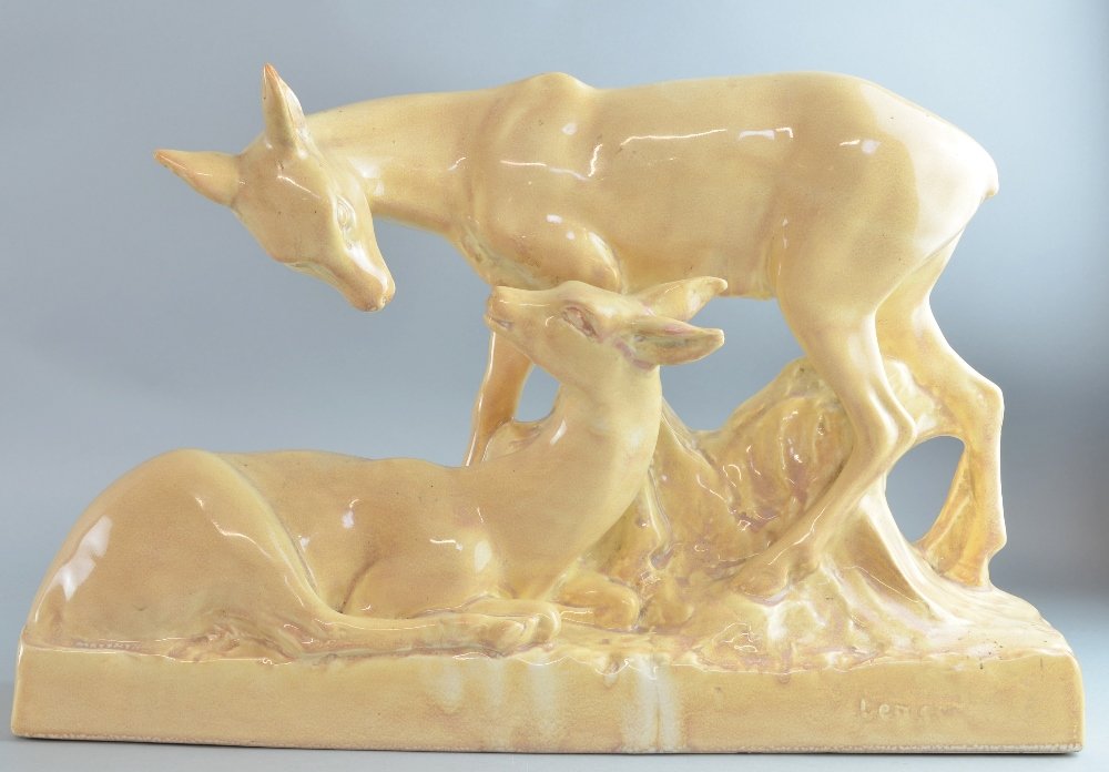 After Charles Lemanceau a French Art Deco figure group: After Charles Lemanceau a French Art Deco figure group of deer by ODYV Odette Berlot & Yvonne Mussier produced ceramics under the trade name ODYV from 1927-1940, 30.5cm x 45.5cm, Tiny glaze nick to to
