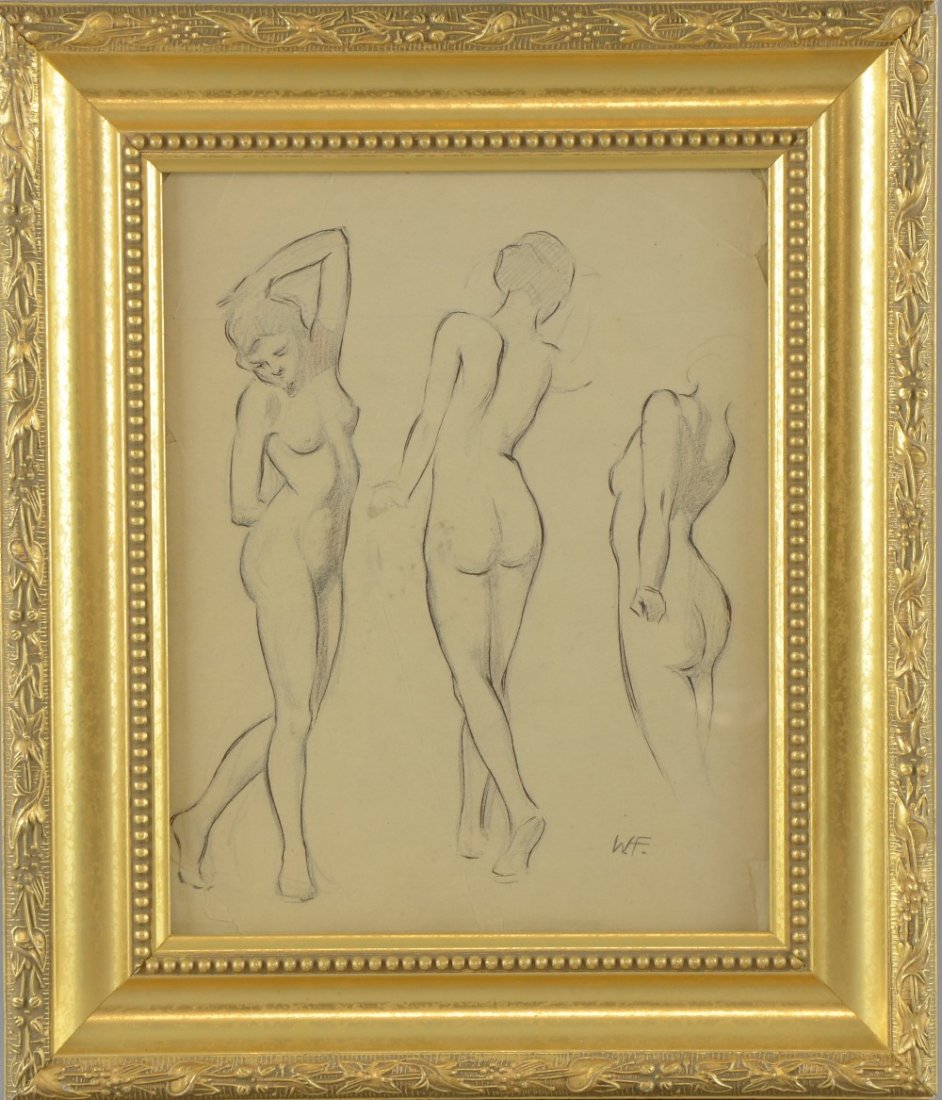 William Frederick Foster (American, 1883-1953) - sketch: William Frederick Foster (American, 1883-1953) - sketch depicting three female nudes, signed 'W.F'., 24cm x 19cm Two large folds / creases to paper running top to bottom and left to right of sheet. Ed