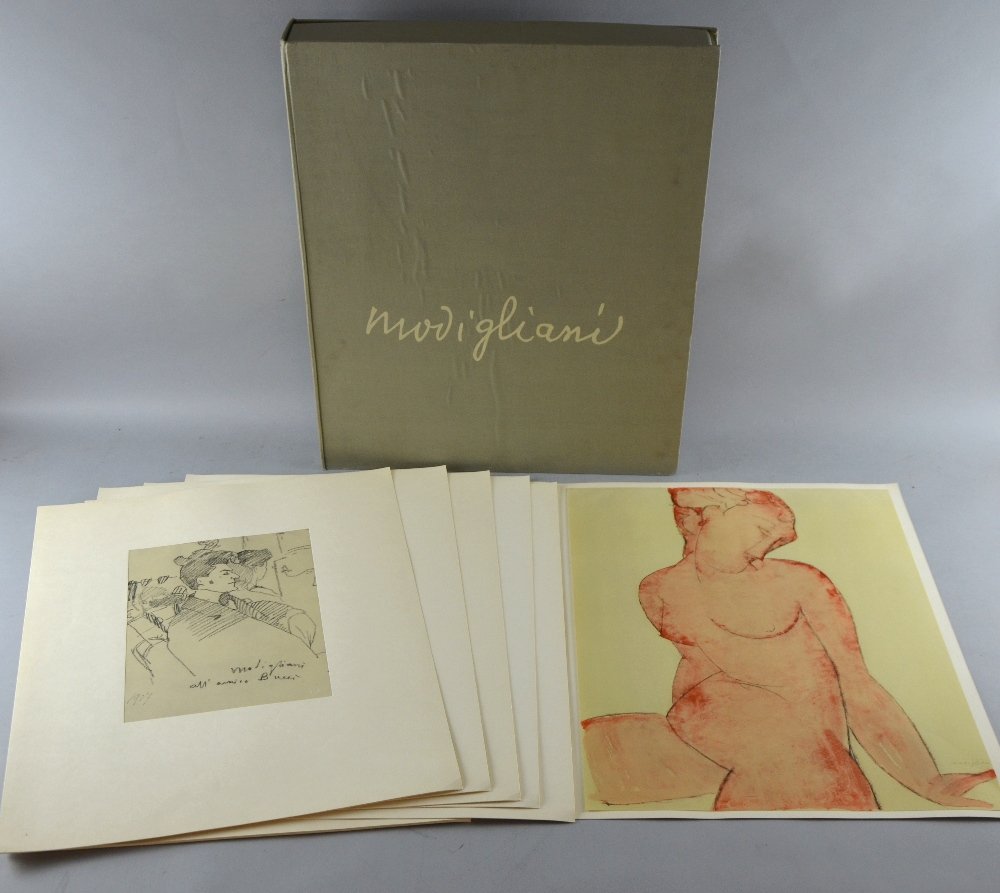 Quarantacinque Disegni di Modigliani'. Portfolio of 45: Quarantacinque Disegni di Modigliani'. Portfolio of 45 prints of drawings by Amedeo Modigliani. Vitali, Lamberto; Einaudi, 1959, number 500 of print run of 750 copies, loose-leaf folder with editorial