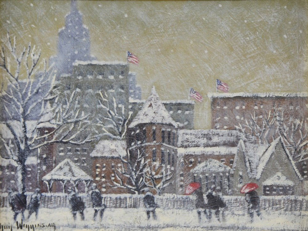 Guy Carleton Wiggins, American 1883-1962, 'Snow Storm: Guy Carleton Wiggins, American 1883-1962, 'Snow Storm in the City', signed, inscribed verso, oil on canvas laid on board, 22cm x 29cm PROVENANCE: Purchased at auction from Bruun Rasmussen auctioneers