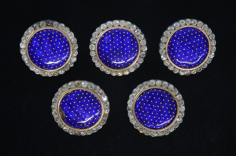 Georgian paste set buttons with blue enamel centres,: Georgian paste set buttons with blue enamel centres, set of five in unmarked silver 3 cm diameter
