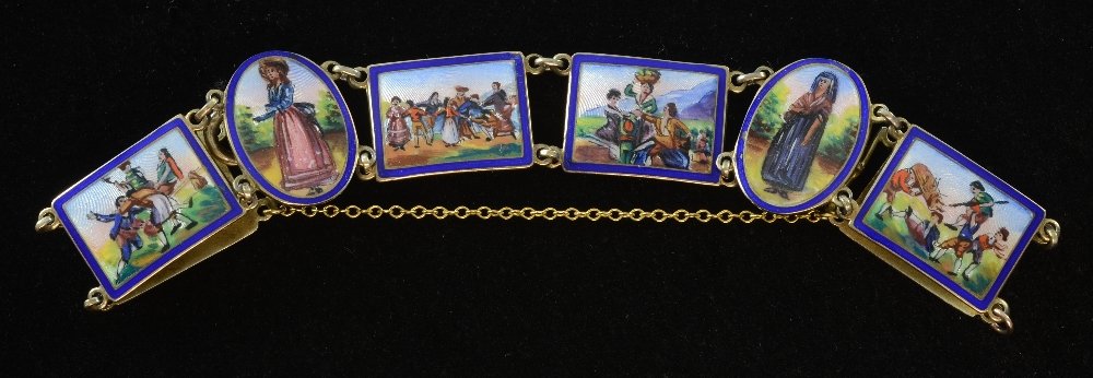 Silver gilt and enamel panel bracelet each panel with: Silver gilt and enamel panel bracelet each panel with dancing or playing figures, marked sterling, in associated case