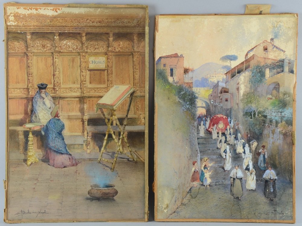 S.Petruola - pair of watercolours, Catholic scenes,: S.Petruola - pair of watercolours, Catholic scenes, religious procession and church interior with figures, each 47 x 31cms