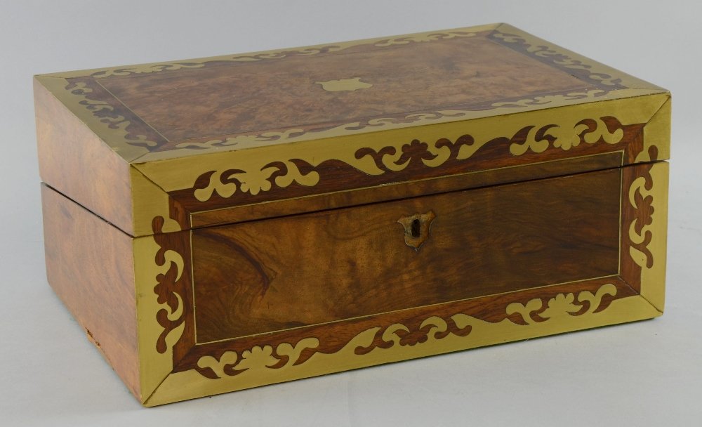 Victorian walnut and brass bound writing box with: Victorian walnut and brass bound writing box with fitted interior 35 cm wide
