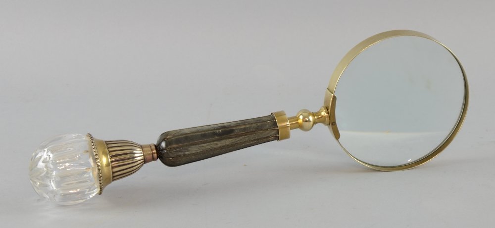 Late 19th/ early 20th century horn-handled and brass: Late 19th/ early 20th century horn-handled and brass mounted magnifying glass with cut glass terminal, 35.5cm long,