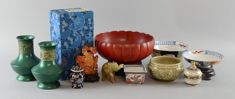 Chinese porcelain bowl and cover decorated with flowers: Chinese porcelain bowl and cover decorated with flowers and foliage, pair of green papier mache vases, miniature famille noire vase and cover, Thai pot and cover, miniature square section vase, red la