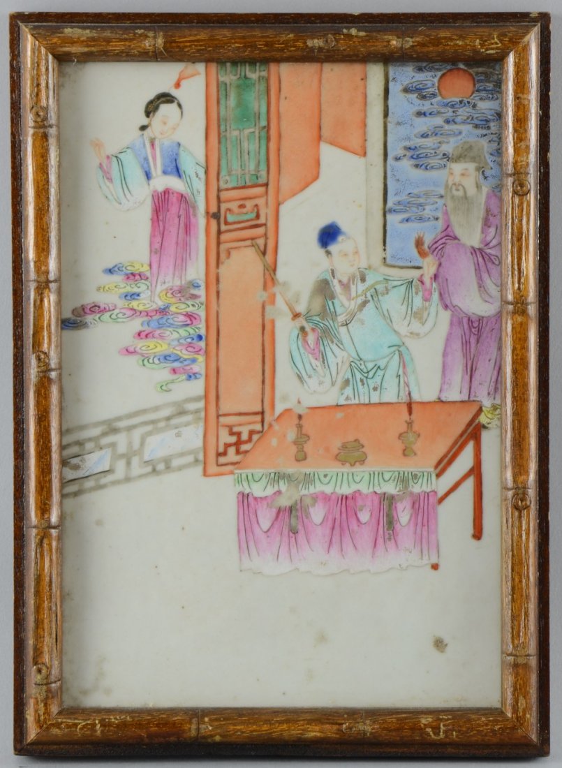 Chinese porcelain plaque enamelled in colours with: Chinese porcelain plaque enamelled in colours with figures, one holding wand standing at an altar table, another behind and a female figure outside, 23cm x 15cm, Enamelling worn through in places. Col