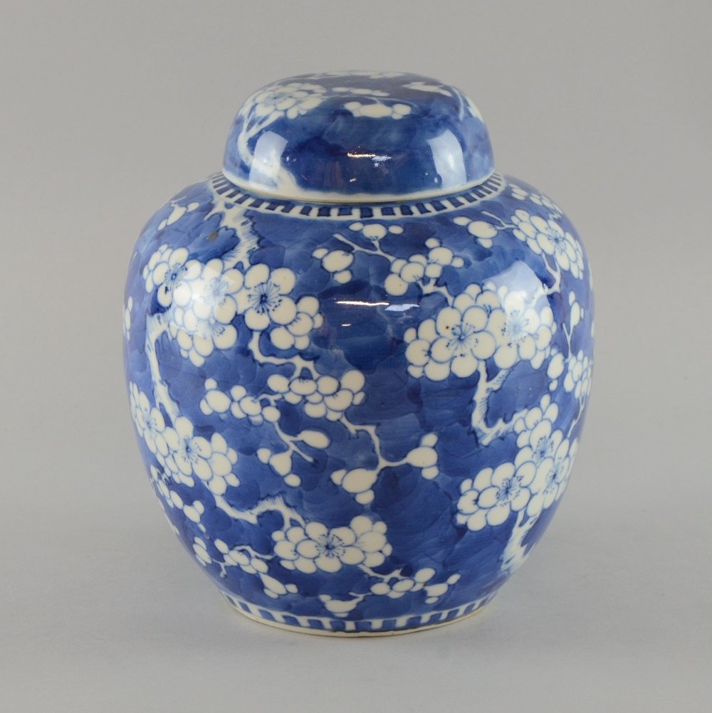 Chinese blue and white ginger jar and cover decorated: Chinese blue and white ginger jar and cover decorated with blossoming prunus, four character mark to base, 20.5cm high,