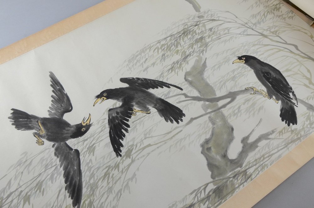 Chinese scroll depicting a crow in a willow tree and: Chinese scroll depicting a crow in a willow tree and two others fighting, with calligraphy and red stamp mark, 138cm x 55cm,