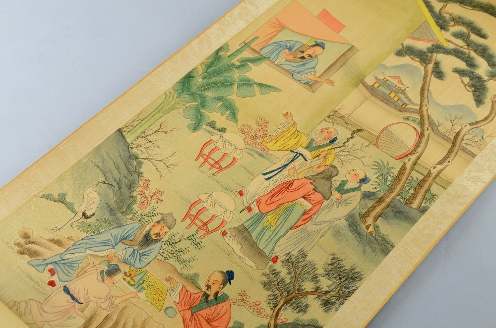 Chinese scroll painting depicting figures seated at a: Chinese scroll painting depicting figures seated at a table and another below a window, with calligraphy and red stamp mark, image size 90cm x 30cm, Yellowing of paper mount.