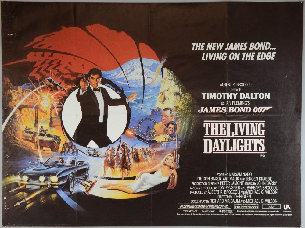 James Bond The Living Daylights (1987) British Quad: James Bond The Living Daylights (1987) British Quad film poster and seven official promotional stills from the film, starring Timothy Dalton, United Artists, folded 30 x 40in