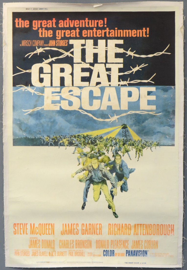The Great Escape (1963) Film poster, War Adventure: The Great Escape (1963) Film poster, War Adventure starring Steve McQueen, James Garner, Richard Attenborough, United Artists, linen backed 60 x 40 inches102 x 152cm