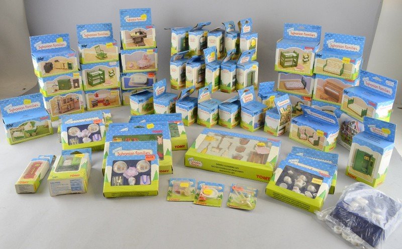 Collection of Tomy Sylvanian Family doll's house: Collection of Tomy Sylvanian Family doll's house furniture, all boxed, Provenance: From a single owner collection of over 300 dolls including: Armand Marseille, Barbie, Effanbee, Heinrich Handwerck, H