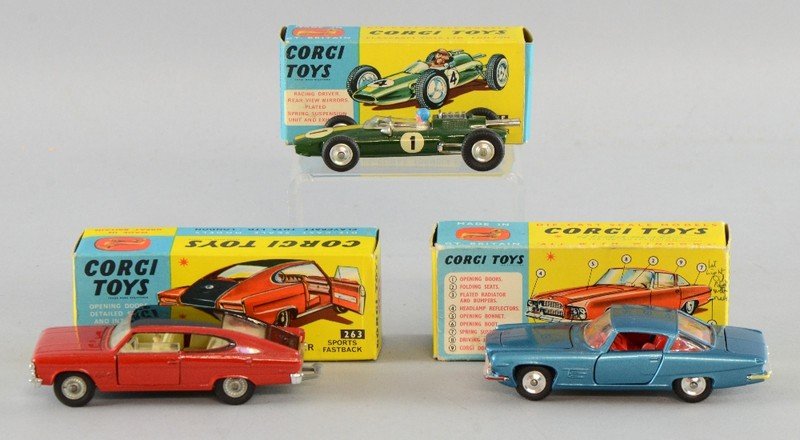 Three Corgi cars, Ghia L.6.4 No. 241, Lotus Climax: Three Corgi cars, Ghia L.6.4 No. 241, Lotus Climax Formula 1 racing car No. 155 and a Marlin by Rambler sports Fastback No. 263 all in original boxes,