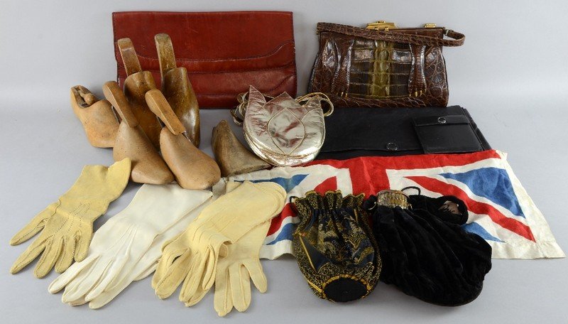 A 1930's crocodile skin handbag and collection of other: A 1930's crocodile skin handbag and collection of other vintage bags, wooden shoe lasts, union jack, and gloves