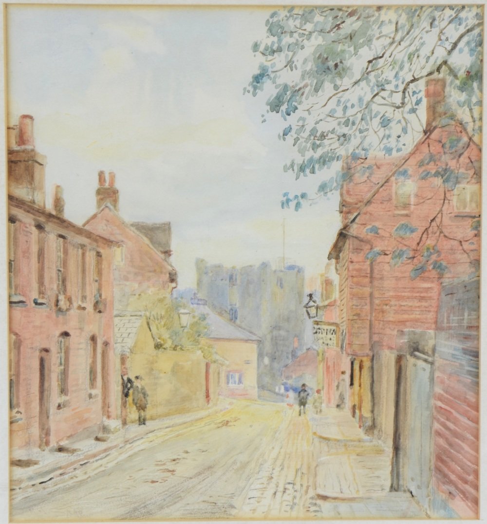 Henry J Sage watercolour of street scene with Guildford (1 of 1)