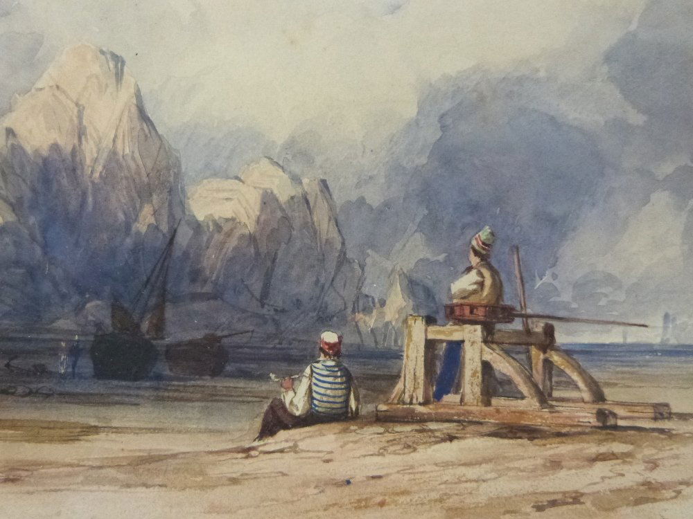 Samuel Prout OWS (1783-1852) Watercolour, Fishermen: Samuel Prout OWS (1783-1852) Watercolour, Fishermen resting on the coast and Chagford Bridge Devon, pen and ink and brown wash 13 x 17cm and 19cm x 24cm
