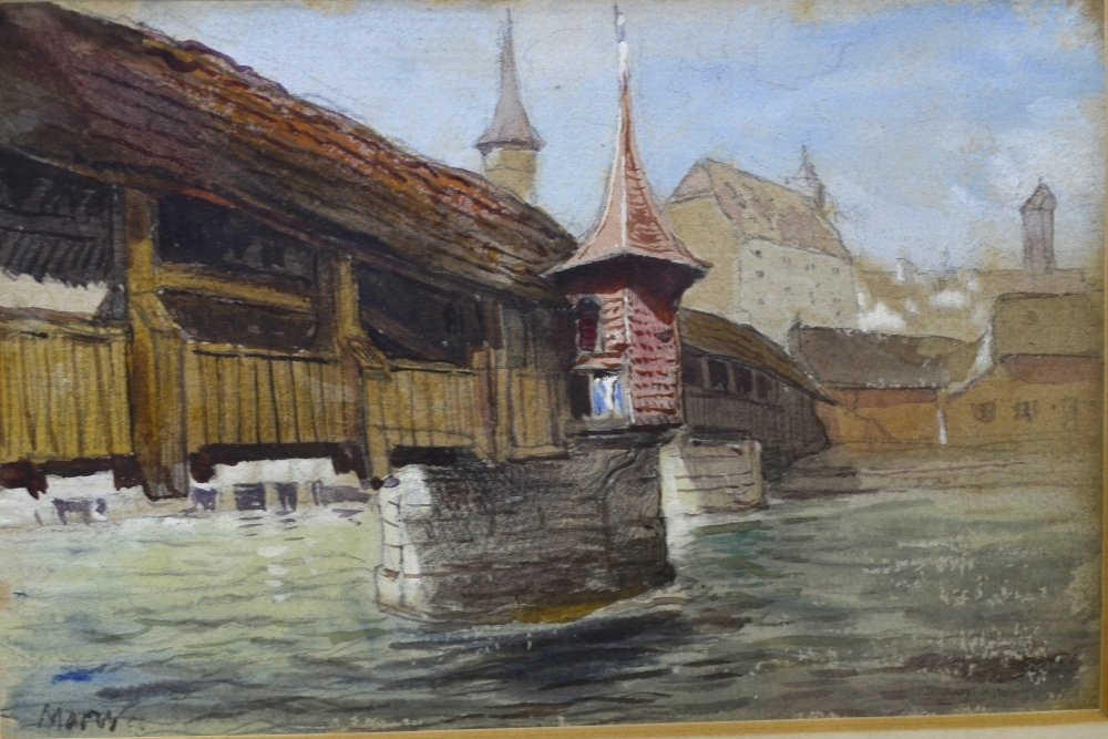 John MacWhirter RA (1839-1911) watercolour depicting: John MacWhirter RA (1839-1911) watercolour depicting old bridge Lucerne 9 x 15cm