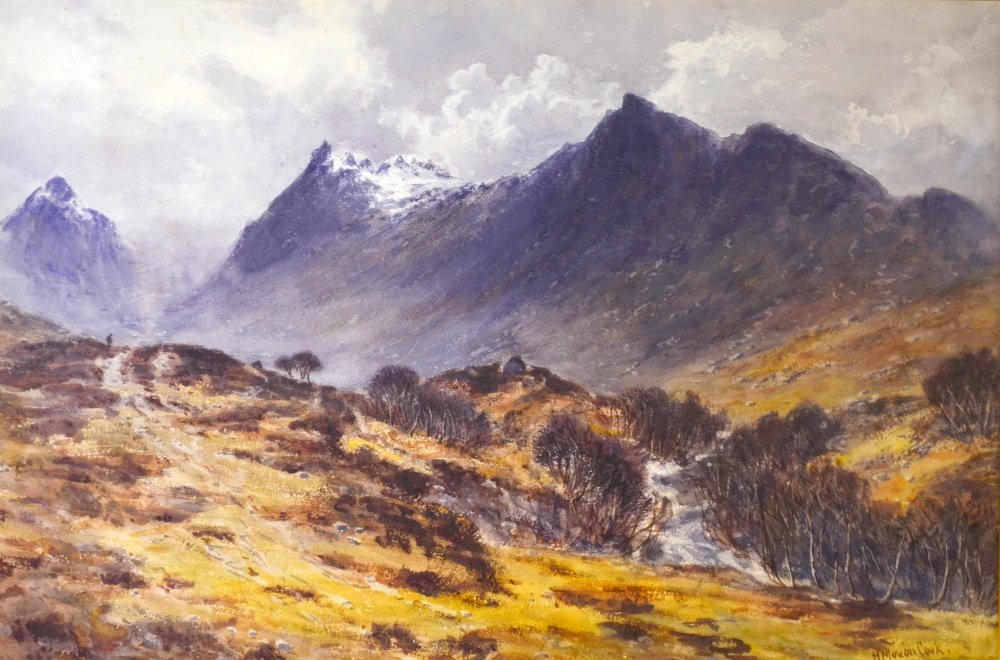 Herbert Moxon Cook (1844-1928) watercolour Scottish: Herbert Moxon Cook (1844-1928) watercolour Scottish highland landscape with mountains signed lower right 35cm x 53cm