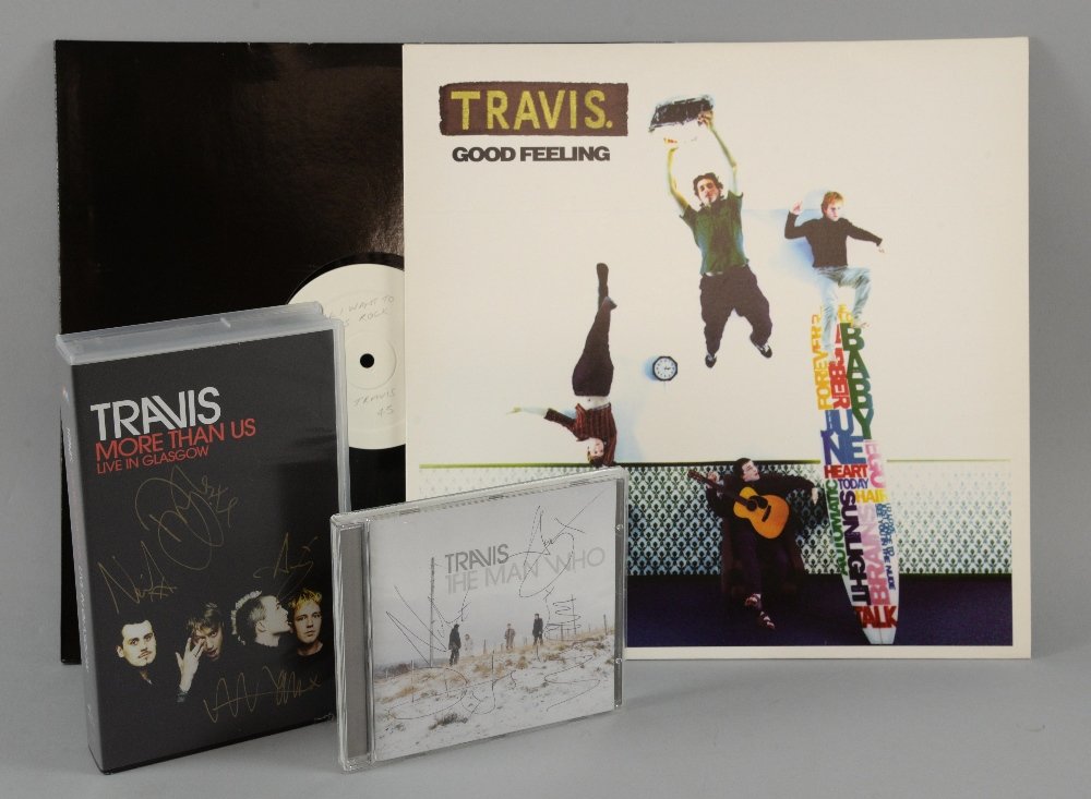 Travis, Signed 'The Man WhoÉ CD & ÈMore Than UsÉ on: Travis, Signed 'The Man WhoÉ CD & ÈMore Than UsÉ on VHS', & vinyl album ÈGood FeelingÉ and a promo one sided 12 inch ÈAll I Want To Do Is RockÉ (4)