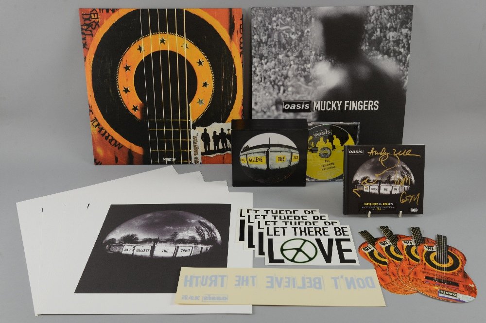Oasis, DonÉt Believe The Truth signed limited edition: Oasis, DonÉt Believe The Truth signed limited edition CD/DVD, four DonÉt Believe The Truth limited edition prints NoÉs. 117-120, DonÉt Believe The Truth window sticker, one sided 12 inch vinyl pro