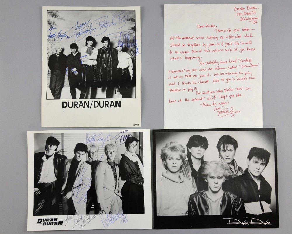 Duran Duran Two, two fully signed 10 x 8 inch: Duran Duran Two, two fully signed 10 x 8 inch photographs of the band from 1981, both signed by all five, Simon Le Bon, John Taylor, Roger Taylor, Andy Taylor & Nick Rhodes, along with a handwritten l