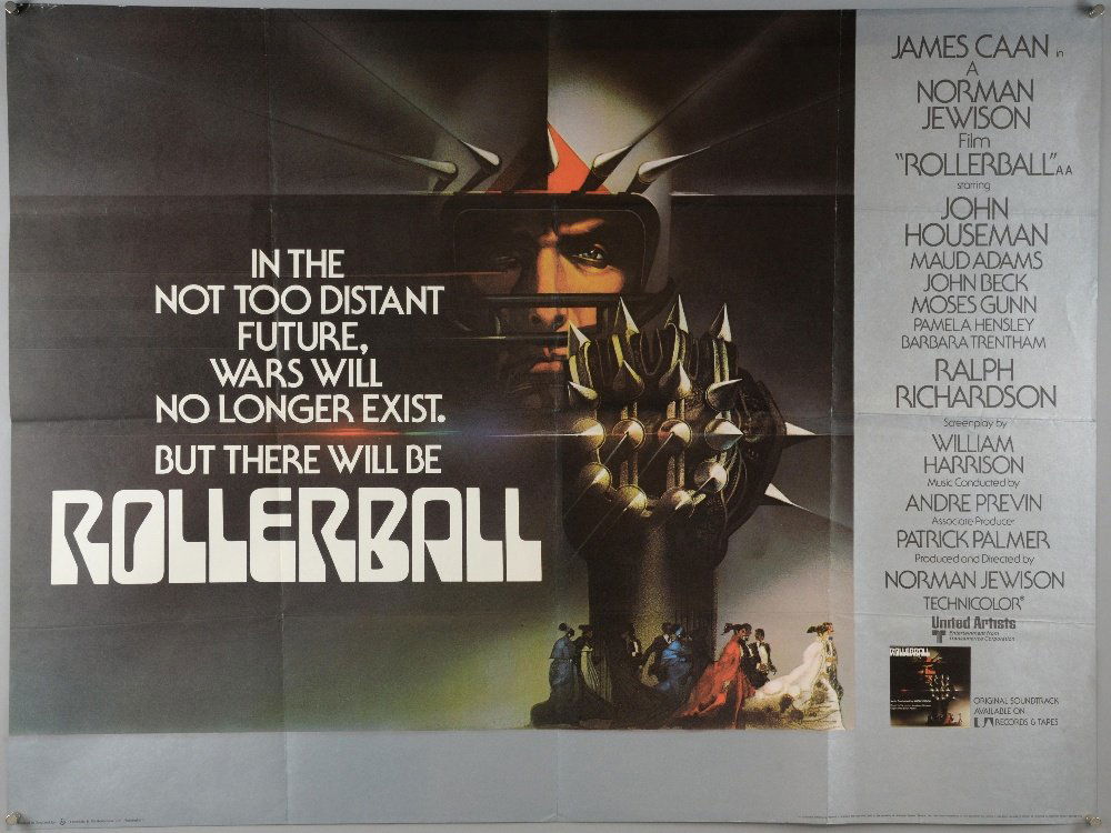 Rollerball (1975) British Quad film poster, starring: Rollerball (1975) British Quad film poster, starring James Caan, artwork by Bob Peak, United Artists, folded, 30 x 40 inches