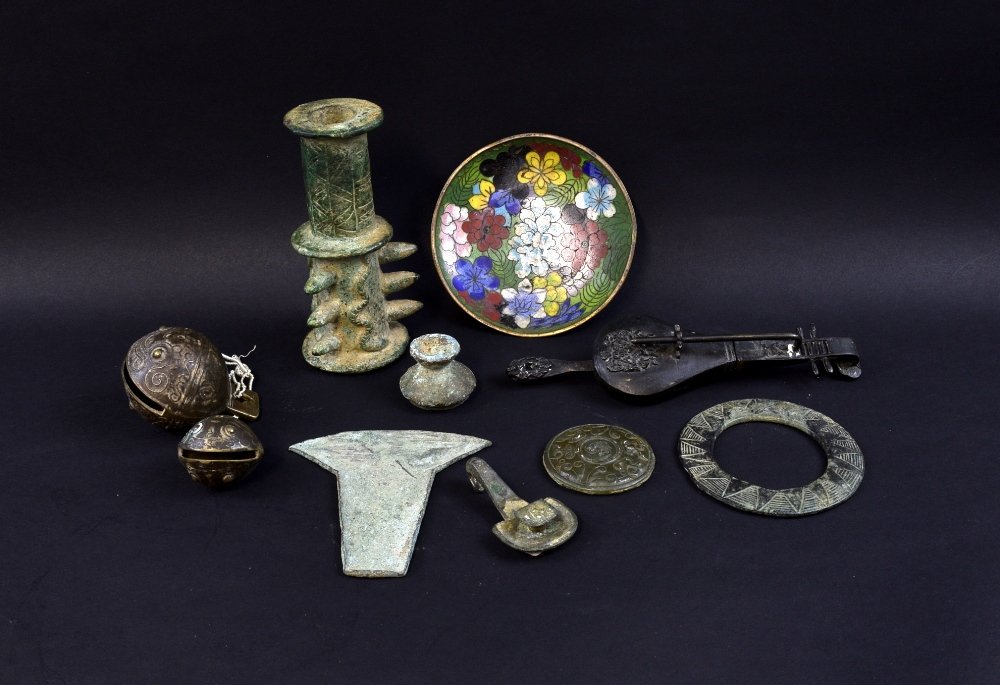 Two Chinese bronze bells, belt hook, small cloisonne (1 of 1)