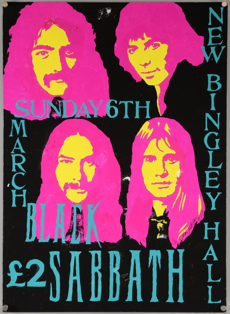 Black Sabbath - New Bingley Hall Sunday 6th March 2,: Black Sabbath - New Bingley Hall Sunday 6th March 2, Original poster artwork by John Judkins, signed & dated 1977, flat, 23 x 17 inches