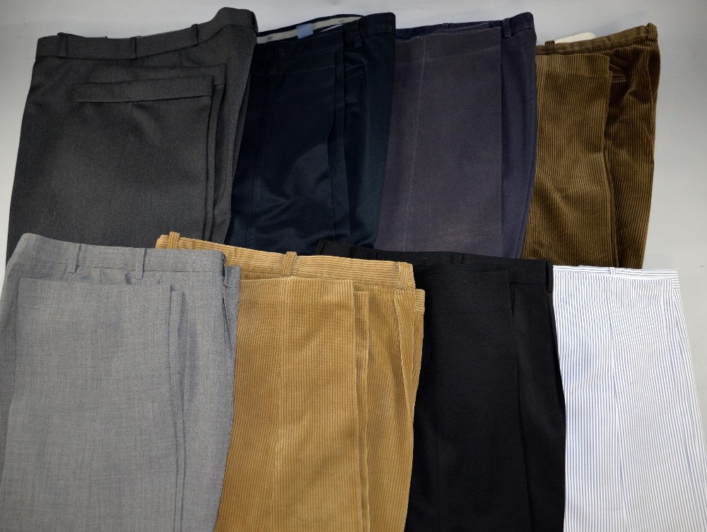 Eight pairs of trousers, owned and worn by Sir: Eight pairs of trousers, owned and worn by Sir Christopher Lee, one bearing label 'Wyszynski' to interior & another bearing label for 'Angels The Costumiers' & inscribed 'Christopher Lee March 2011' &