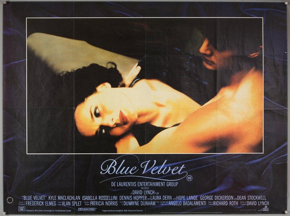 Blue Velvet (1986) British Quad film poster, directed: Blue Velvet (1986) British Quad film poster, directed by David Lynch, DEG, folded, 30 x 40 inches
