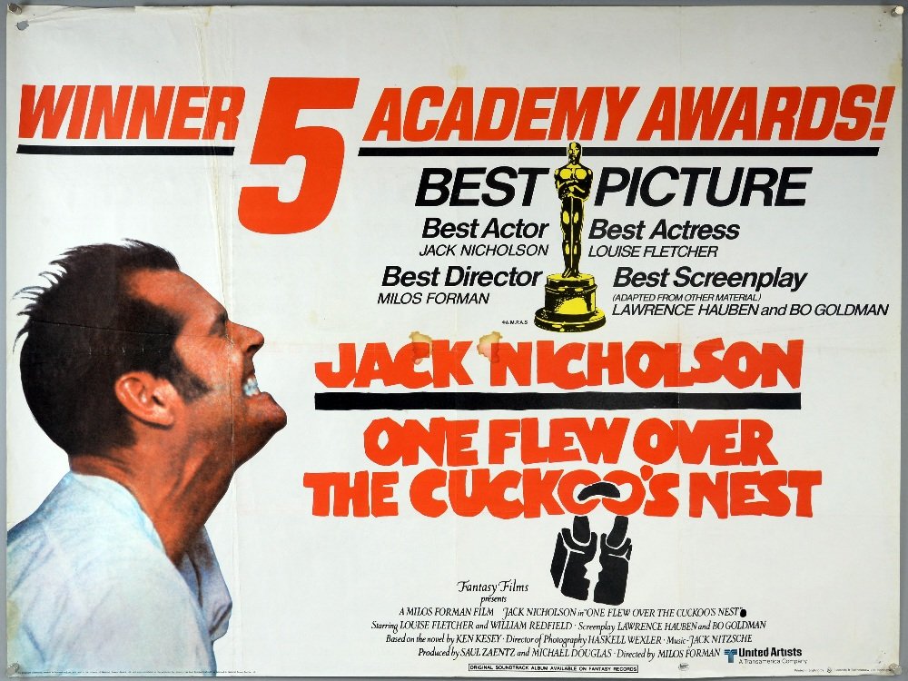 One Flew Over The Cuckoos Nest (1975) British Quad film: One Flew Over The Cuckoos Nest (1975) British Quad film poster, starring Jack Nicholson, United Artists, folded, 30 x 40 inches
