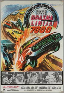 Red Line 7000 (1965) Yugoslavian film poster, car: Red Line 7000 (1965) Yugoslavian film poster, car racing artwork by Roger Soubie, Paramount, folded, 19 x 28 inches