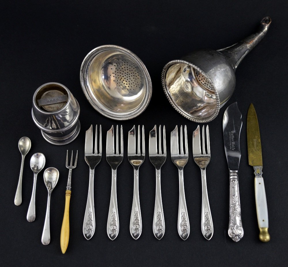 Silver plated wine funnel, pepper grinde: Silver plated wine funnel, pepper grinder and a small quantity of silver plated flatware,