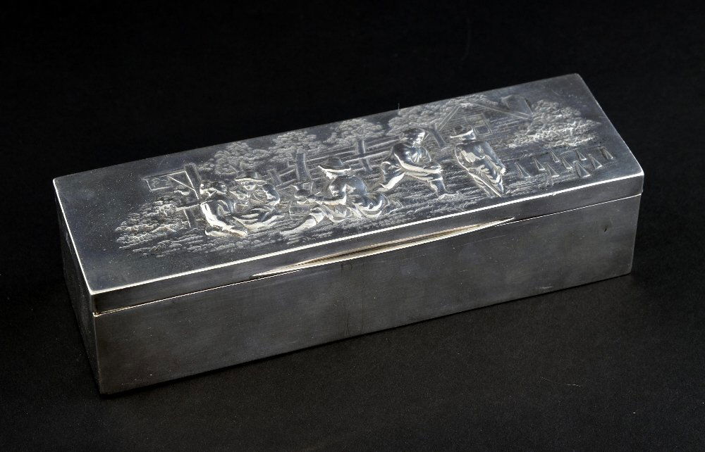 Victorian silver rectangular box the cov: Victorian silver rectangular box the cover embossed with figures playing a game of skittles, by Charles Stuart Harris, London, 1898, 10.6oz, 330g,