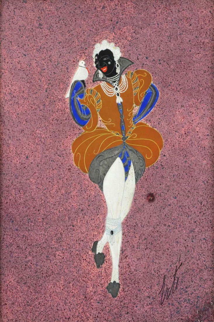 ERTÉ (1892-1990) African male in theatri: ERTÉ (1892-1990) African male in theatrical costume with a dove on pink background, watercolour gouache signed 26cm x 18cm