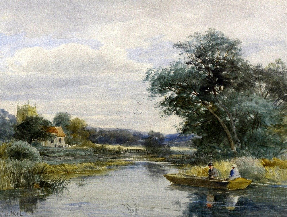 John Bates Noel (act.1870-1927) Fishing: John Bates Noel (act.1870-1927) Fishing on a stream & Farmyard scene Watercolours, Pair, Signed. Each 26.5 x 35.5 cm