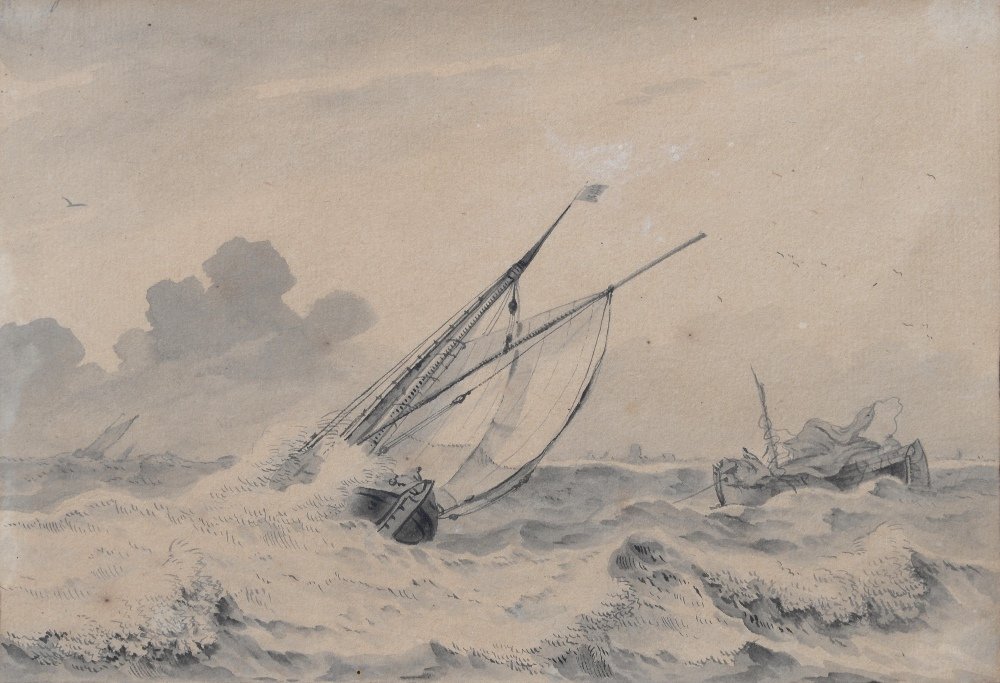 Wigerus Vitringa 1657-1721, black and white waterc: Wigerus Vitringa 1657-1721, black and white watercolour of a struggling ship at sea and another with a broken mast, dated 1704, 13.5cm x 20cm,
