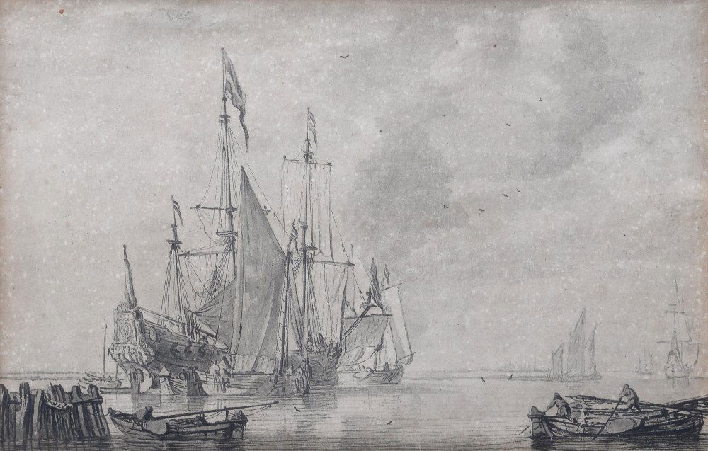 Wigerus Vitringa 1657-1721, black and white waterc: Wigerus Vitringa 1657-1721, black and white watercolour of ships in harbour, a smaller rowing boat in the foreground, 14.5cm x 19.5cm,