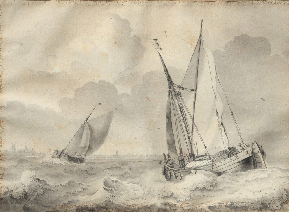 Wigerus Vitringa (1657 - 1721), black and white wa: Wigerus Vitringa (1657 - 1721), black and white watercolours, pair, ships at sea, signed, 12.5cm x 17.5cm,