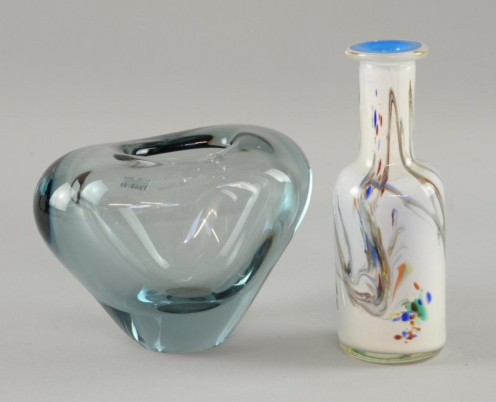 Holmegaard heart shaped glass vase from the Menuet: Holmegaard heart shaped glass vase from the Menuet series designed by Per Lutken, 13 cm High and a white overlay glass vase, 20 cm High