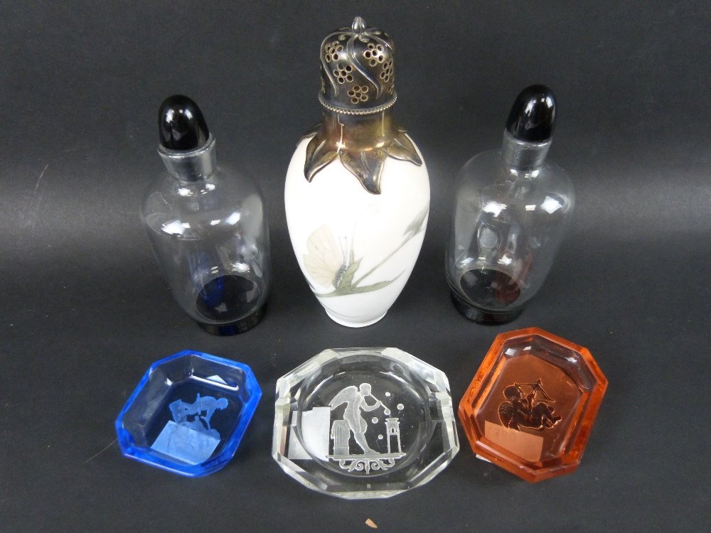Pair of glass bottles 12cm high, three pin dishes, and (1 of 4)